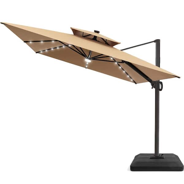Pellebant 9 ft. x 11 ft. 2-Tier Outdoor Cantilever 360° Rotation Solar LED Lighted Tilt Patio Umbrella with Weights Base in Tan