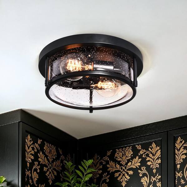 はる　宿儺LOW HUOKU Lumin 11.8 in. 2-Light Matte Black Drum Flush Mount with