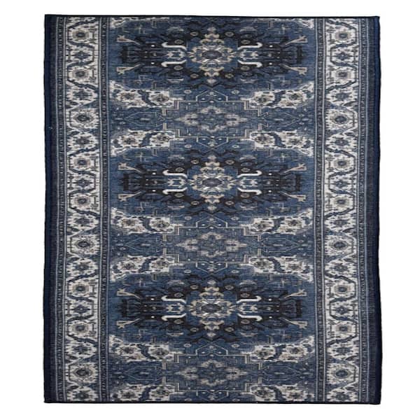 Antique Collection Series Medallion Navy Blue 35 in. x 35 ft. Your Choice Length Stair Runner