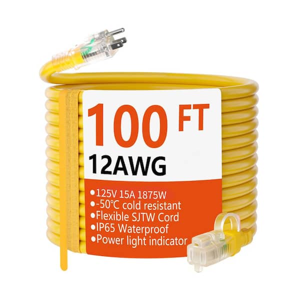100 ft. 12/3 Gauge Heavy Duty Indoor/Outdoor Extension Cord with Lighted End, Flexible Cold-Resistant, Yellow, ETL