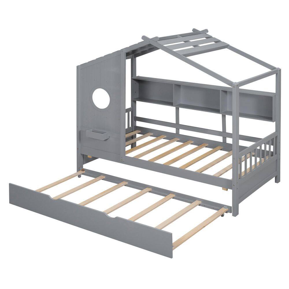 Gray Wood Frame Full Size Platform Bed with Trundle, Storage Shlef - thumbnail 5