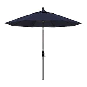 9 ft. Bronze Aluminum Pole Market Aluminum Ribs Collar Tilt Crank Lift Patio Umbrella in Navy Sunbrella