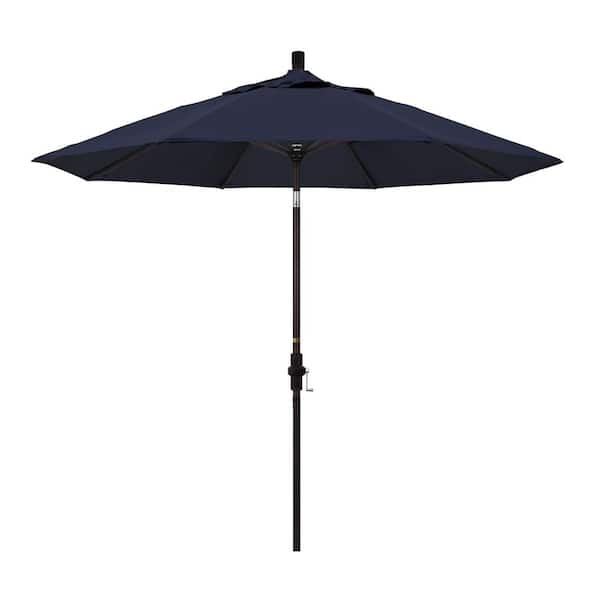 California Umbrella 9 ft. Bronze Aluminum Pole Market Aluminum Ribs Collar Tilt Crank Lift Patio Umbrella in Navy Sunbrella