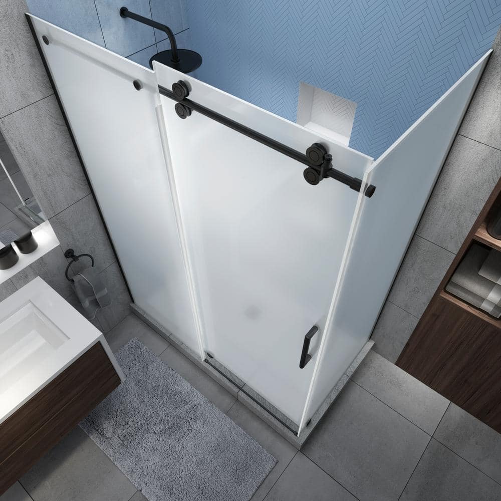 Langham XL Matte Black Frameless Sliding Shower Enclosure with Frosted Glass
