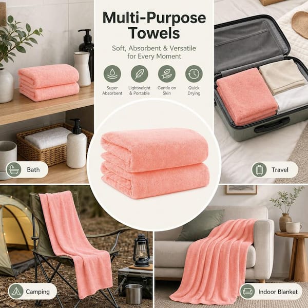 Numhew 2-Piece Pink Microfiber Bath Towels 27 x 54 in. Soft