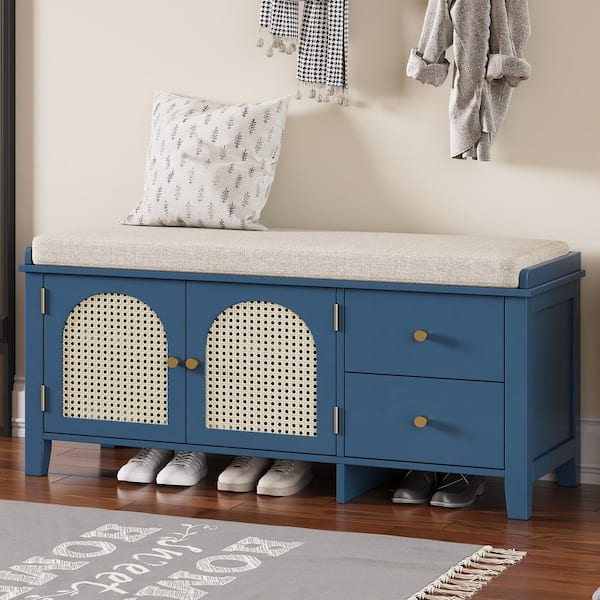 Harper & Bright Designs Navy Blue Storage Bench with Removable Beige Cushion, 2-Drawers, 2-Rattan Door 43.5 in. for Entryway, Bedroom