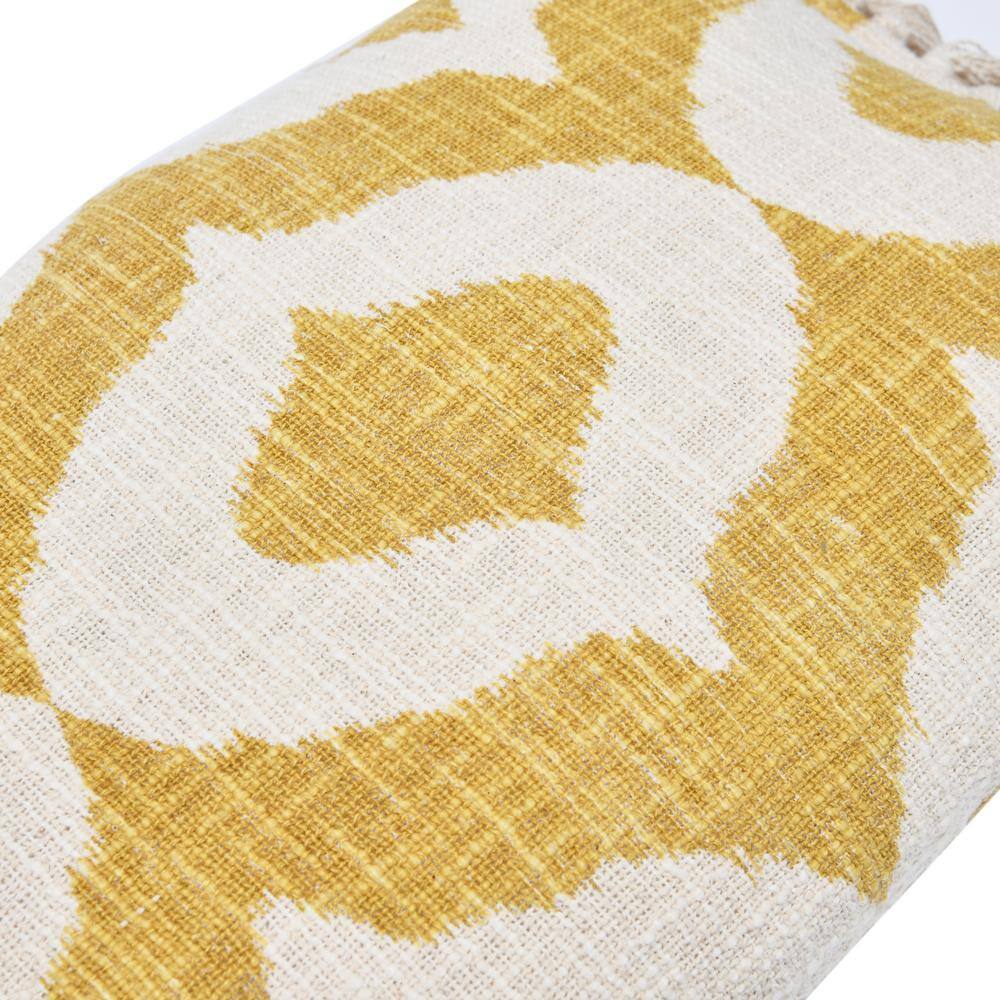 Mustard and Natural Bohemian Cotton Slub Lumbar Pillow with Ikat Tassels