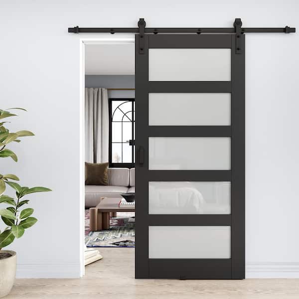 36 in. x 80 in. 5 Lite Tempered Frosted Glass Black Finished MDF Composite Sliding Barn Door with Hardware Kit