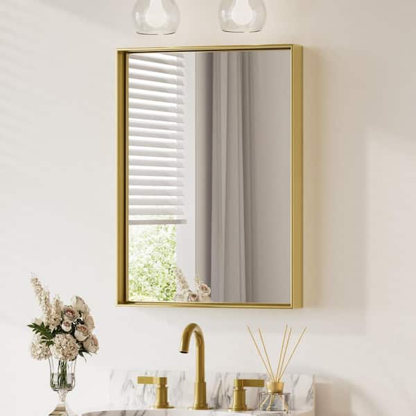 KeonJinn 22 in. W x 30 in. H Framed Brushed Gold Mirrors for Bathroom Wall Square Corner Bathroom Vanity Mirror Over Sink