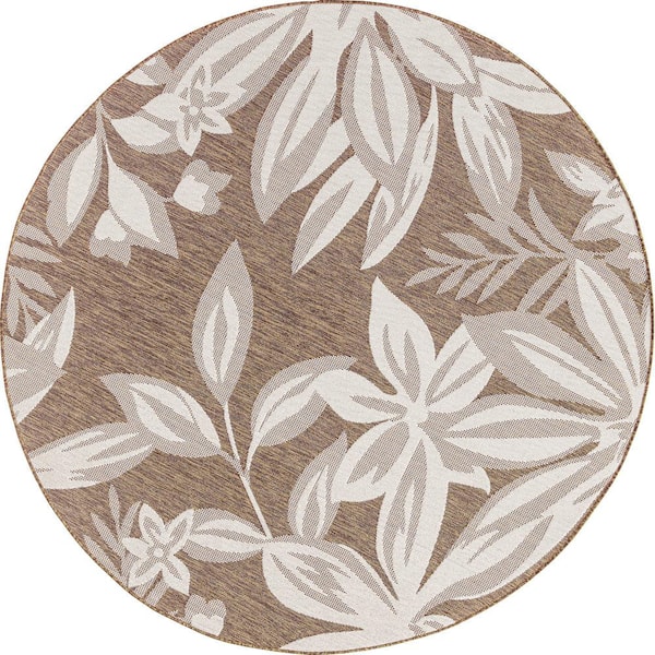 Tayse Rugs Eco Floral Brown 8 ft. Round Indoor/Outdoor Area Rug