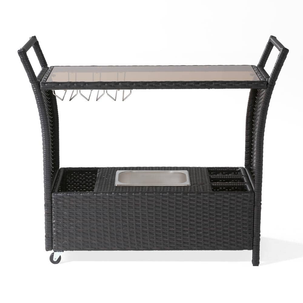 Brown Aluminum Frame Patio Bar Cart with Bottle holders and Ice Bucket Bin