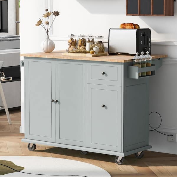tunuo Gray Blue Wood 53.94 in. Kitchen Island with Drop Leaf, Drawer, solid wood feet, internal storage rack and spice rack
