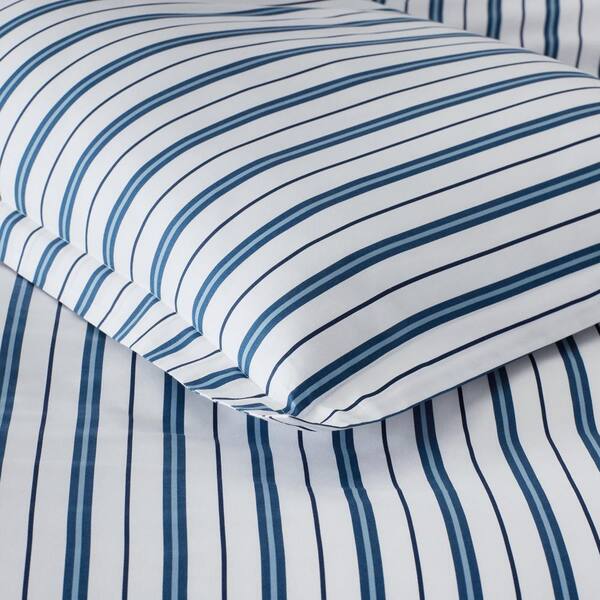 The Company Store Wide Stripe Yarn Dyed Navy 200-Thread Count Cotton Percale Twin XL Fitted Sheet, Blue