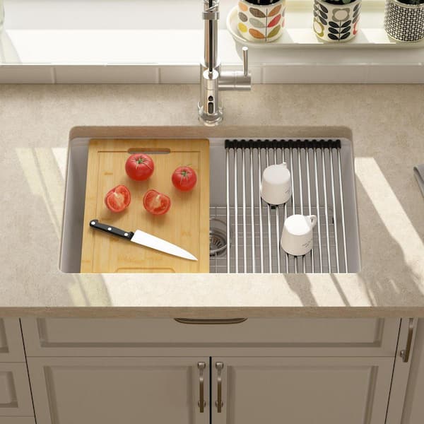 28 in. Quartz White UnderMount Single Bowl Workstation Kitchen Sink with Accessories