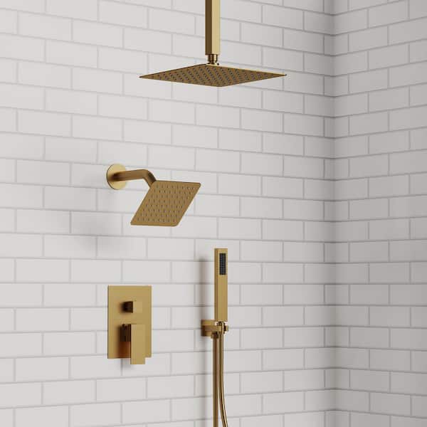 10&6 in. Dual Square Shower Heads Double Handle 3-Spray Tub and Shower Faucet 2.5 GPM in. Brushed Gold Valve Included