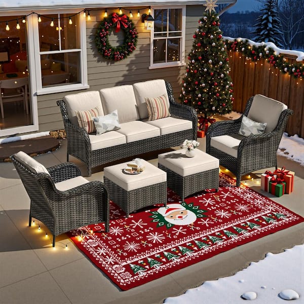 Clario 5-Piece Wicker Outdoor Furniture Patio Conversation Seating Set with Beige Cushion and Ottomans for Backyard