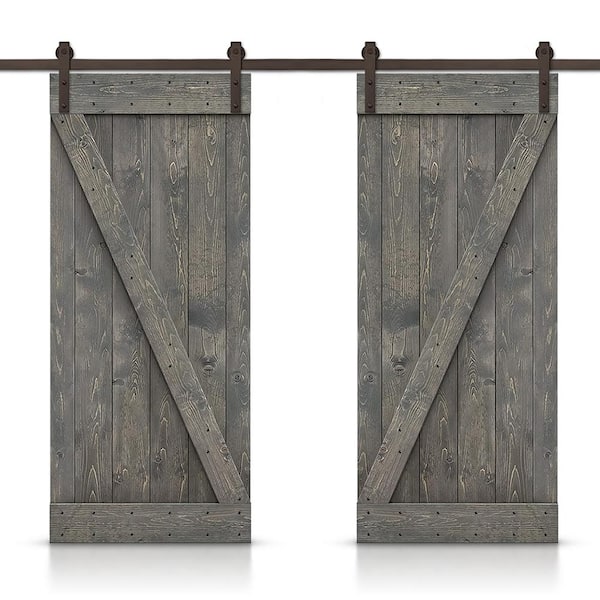 CALHOME Z Bar 84 in. x 84 in. Pre-Assembled Cherry Red Stained Wood Interior Double Sliding Barn Door with Hardware Kit