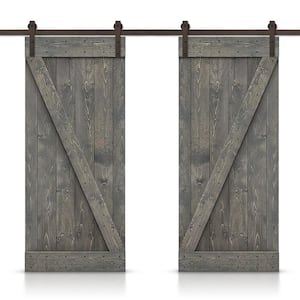 60 in. x 84 in. Z Bar Series Weather Gray Stained Solid Pine Wood Interior Double Sliding Barn Door with Hardware Kit