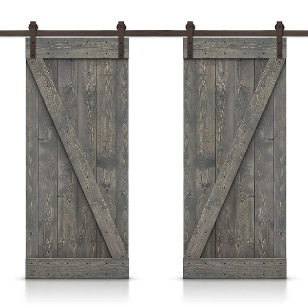 CALHOME 84 in. x 84 in. Z Bar Series Weather Gray Stained Solid Pine Wood Interior Double Sliding Barn Door with Hardware Kit