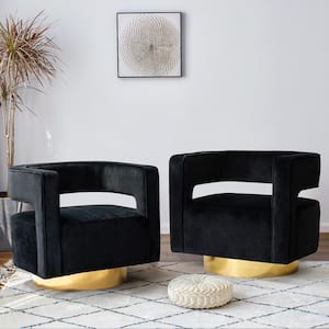 Bettina Contemporary Black Velvet Comfy Swivel Barrel Chair with Open Back and Metal Base (Set of 2)