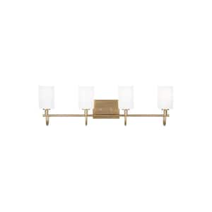 Oak Moore 33.875 in. 4-Light Satin Brass Vanity Light with LED Bulbs and Etched/White Glass Shades