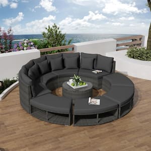 9-Piece Wicker Outdoor Sectional Sofa Set with Gray Cushions, Coffee Table and 6-Pillows