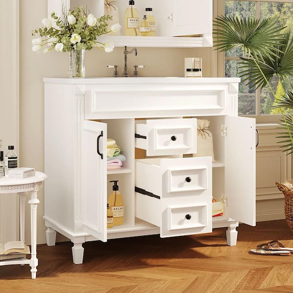 36 in. Single Sink Freestanding White Bath Vanity with White Resin Top, 2-Drawers and 2 Soft Closing Doors Unassembled