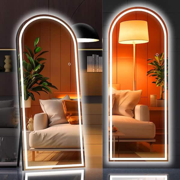 Unbranded 32 in. W x 71 in. H Black Frame Arch LED Full-Length Mirror, Adjustable Brightness and Colors, Tempered Glass