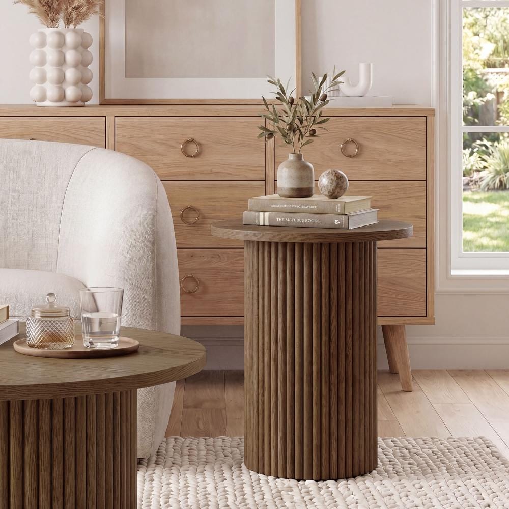 22.24'' Tall Solid Wood End Table Drum Side Table with Fluted Pedestal Base