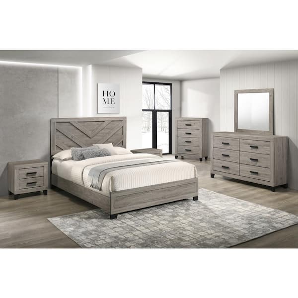 Best Quality Furniture Ararat 6-Piece Light Grey Color Wood Frame Queen Panel Bedroom Set