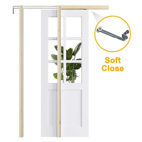 ARK DESIGN 24 in. x 80 in. 6-Lite Clear Glass White Primed Solid Core Glass Pocket Door Frame and Hardware Soft Close Included