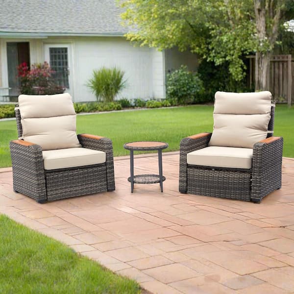 3-Piece Outdoor Gray Wicker Recliner Set with Beige Cushions and Wood Armrests