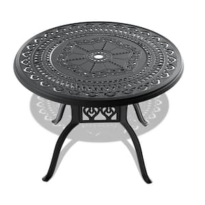 Black Round Cast Aluminum Outdoor Dining Table with Umbrella Hole