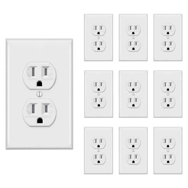 Etokfoks 15 Amp/125-Volt, Tamper-Resistant Duplex Receptacle Outlet with Wall Plate, Self-Grounding, 2-Pole in White (10-Pack)