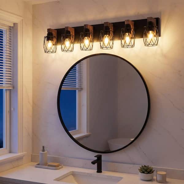 38 in. 6 Light Black Vanity Light Fixture Bathroom Over Mirror Wall Lights with Black Cage and Wooden Accents