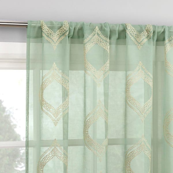 Ravenna Embroidered Medallion Pastel Green Polyester 50 in. W x 63 in. L Rod Pocket Sheer Curtain (Single Panel)
