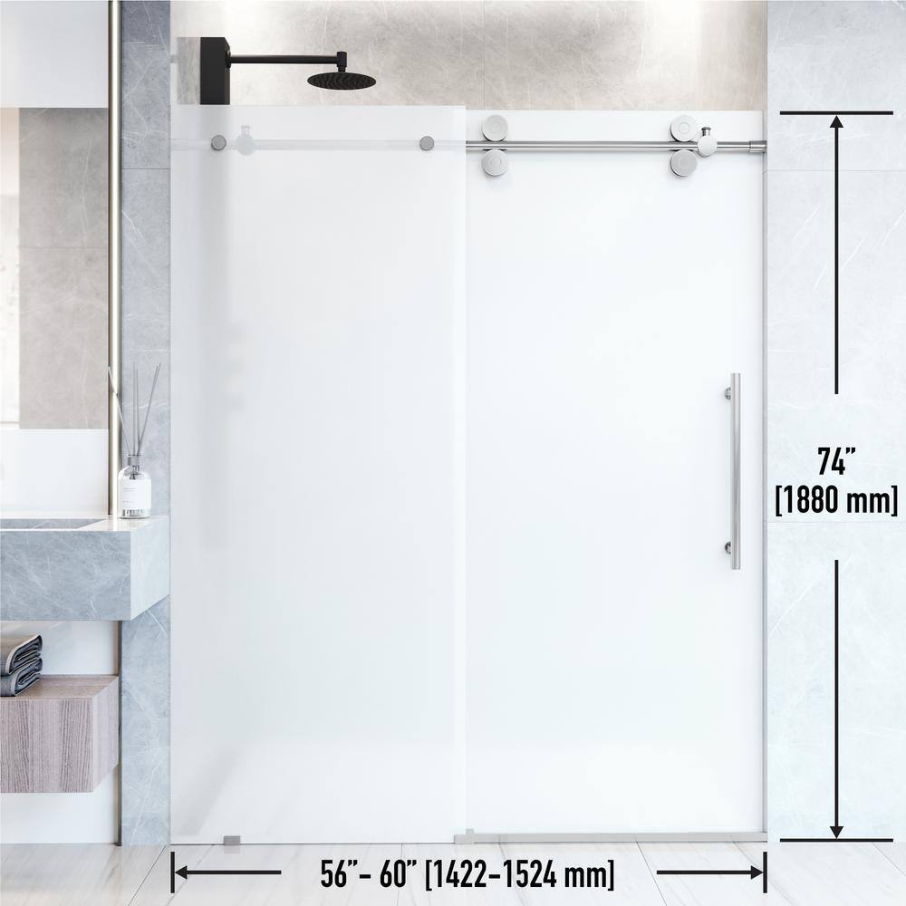 Frameless 60" Frosted Glass Sliding Shower Door with Brushed Stainless Steel Hardware