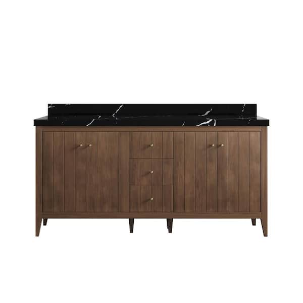 Willow Collections Atlanta Teak 72 in. Double Sink Freestanding Dark Natural Bath Vanity with Calacatta Black Qt. Top Unassembled