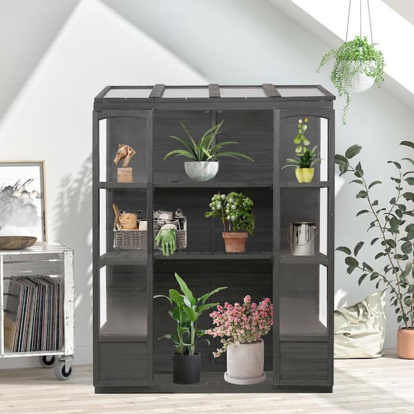 Unbranded - 57.9 in. W x 29.1 in. D x 78.1 in. H Black Wood Greenhouse with 4-Independent Skylights and 2-Folding Middle Shelves
