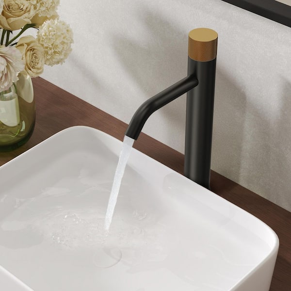 Single Handle Single Hole Bathroom Faucet with Valve in Matte Black and Brushed Gold (1-Pack)