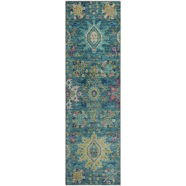 Mayfield Premium Machine Washable Abstract AMF2151 Teal 2 ft. x 7 ft. Runner Rug