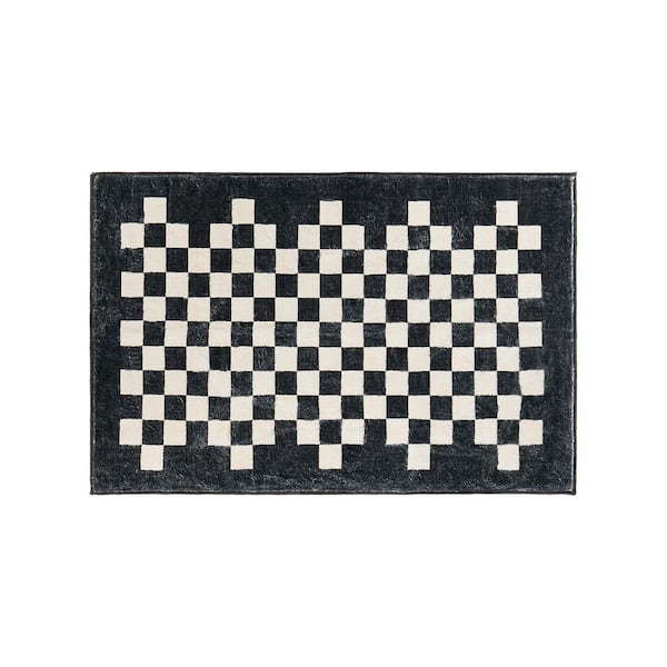 Contemporary Checkered Border Washable Non Slip Black 2 ft. x 4 ft. Area Rug