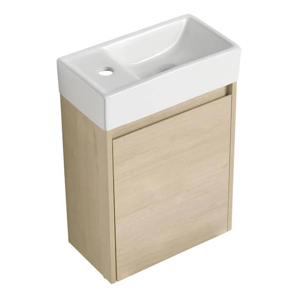 Boosicavelly 16.10 in. W x 8.90 in. D x 22.80 in. H Single Sink Wall Mounted Bath Vanity in Plain Light Oak with White Ceramic Top