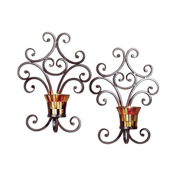 Titan Lighting Truffle 13 in. x 10 in. Rustic Iron and Truffle Mosiac Glass Wall Sconce Candle Holders (Set of 2)
