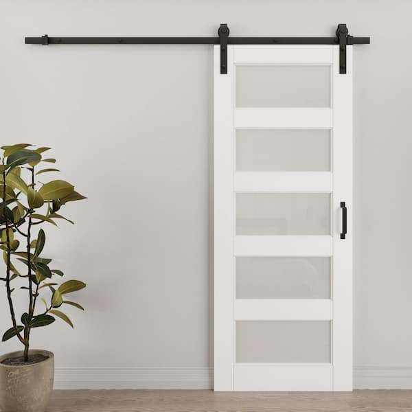 32 in. x 80 in. 5-Lite Frosted Glass White Primed MDF Sliding Barn Door with Hardware Kit and Soft Close for Bathroom