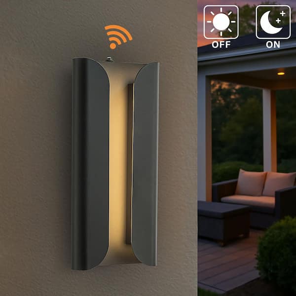 15 in. H Modern Matte Black 24W Integrated LED Lantern Wall Sconce with Acrylic Shade and Dusk to Dawn Sensor Outdoo