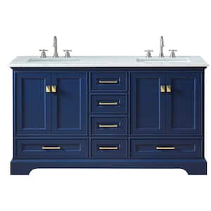 Pallas 60 in. W x 22 in. D x 34.5 in. H Double Sink Freestanding Bath Vanity in Dark Blue with White Cultured Marble Top