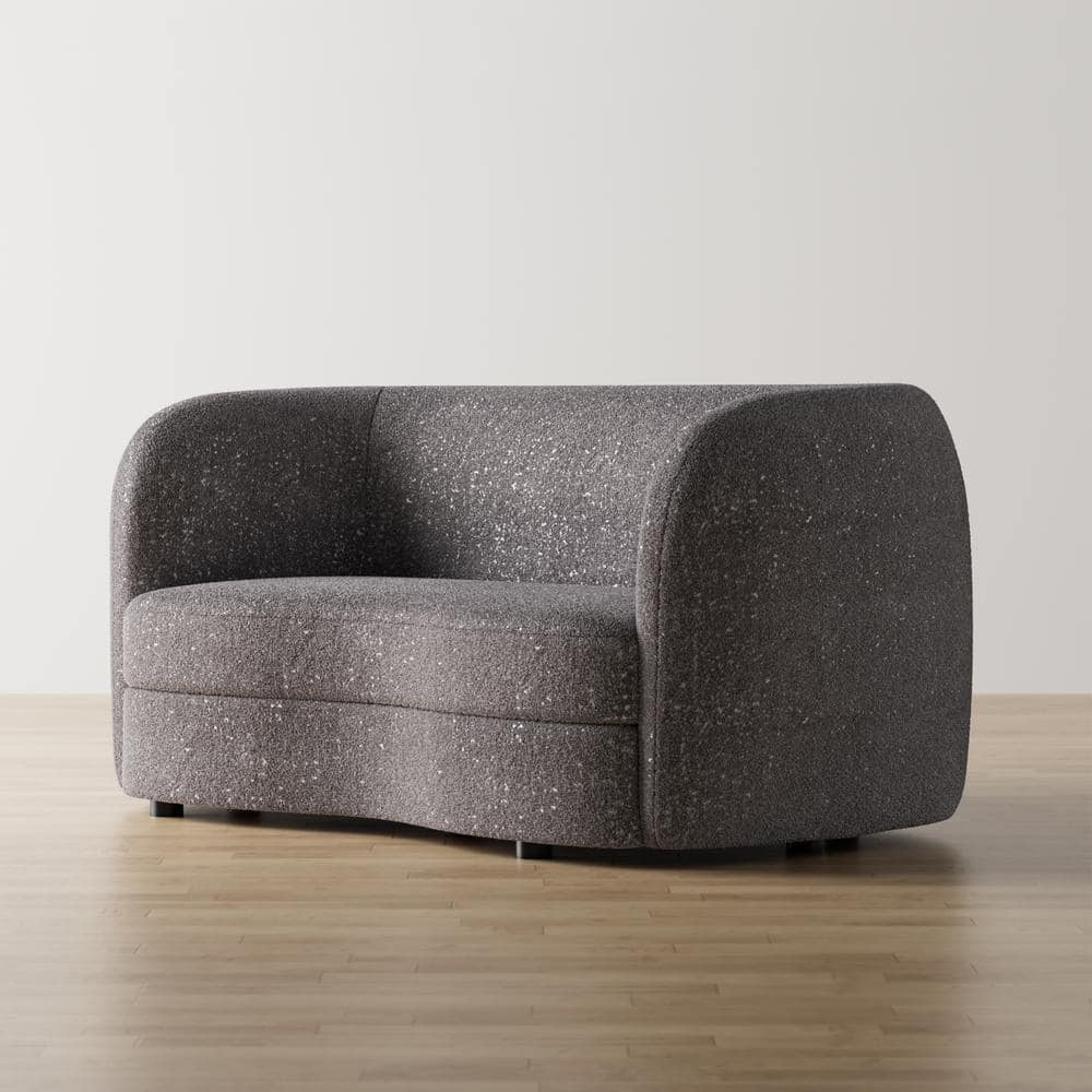 Charcoal Gray Boucle Fabric Curved Loveseat with Wooden Legs