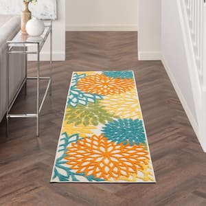 Aloha Turquoise Multicolor 2 ft. x 8 ft. Kitchen Runner Floral Contemporary Indoor/Outdoor Patio Area Rug