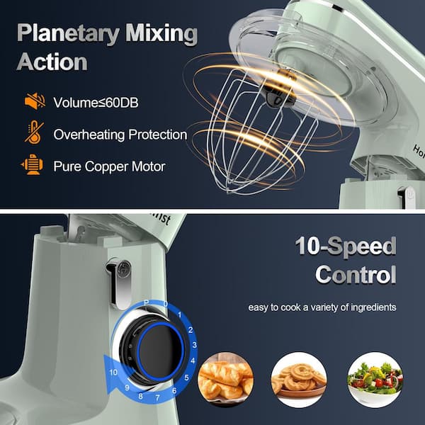 Big Chef 6.5 qt. 650-Watt 10-Speed Green Stand Mixer with Dough Hook, Whisk and Beater